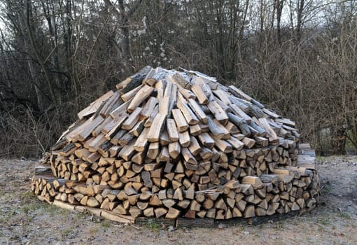 Huge pile of firewood near the forest.