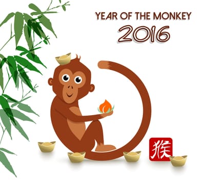 2016 Happy Chinese New Year of the Monkey. Cute cartoon ape fun illustration with peach and ingot as hat. EPS10 vector.