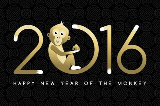 Happy Chinese New Year of the Monkey. Greeting card design with gold cartoon ape making 2016 shape and text. EPS10 vector.