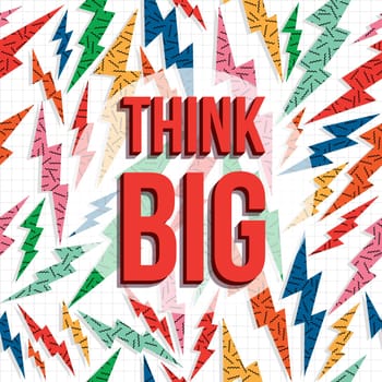 Think big inspiration quote, creative imagination motivation text with retro 80s background. EPS10 vector.