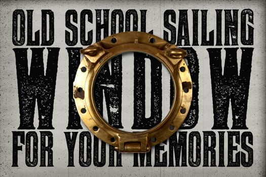 Old brassy window  with text