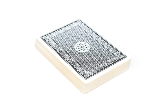 Blue deck of playing cards isolated on white background, stock photo