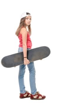 a pretty little girl  with skateboard  over white background