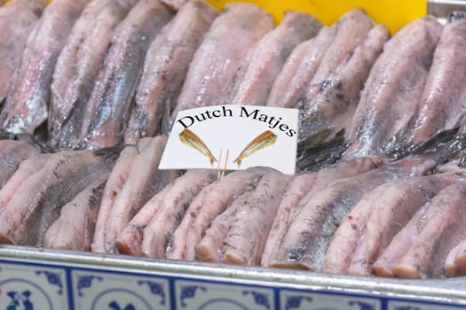 Fresh Matjes fish chilled on ice at the fish market.