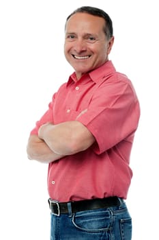 Side pose of a old man against white background