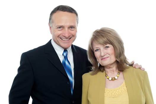 Beautiful caucasian elderly couple over white background