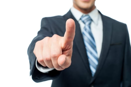 Cropped image of a businessman pointing his finger towards camera