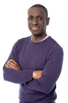 Casually dressed man with crossed arms over white