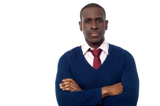 Smart corporate guy with folded arms over white