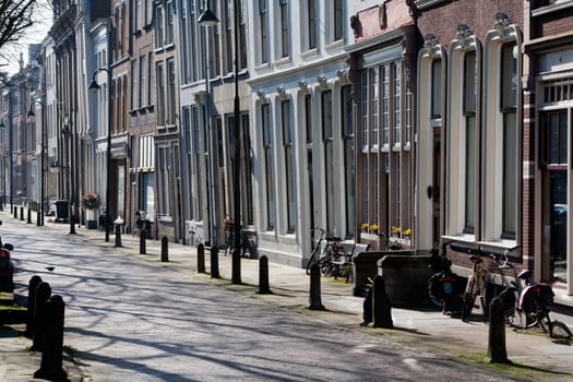 Street with crooked row houses in Gouda