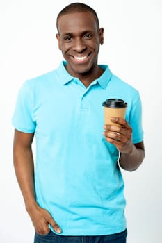 Handsome middle aged man with large beverage cup