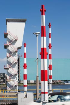 Barriers on the Algera bridge over the IJssel in Krimpen aan den IJssel. The storm surge barrier in the background was the first installation, completed in 1958, of the Delta Works in the Netherlands.