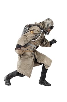 Nuclear post apocalypse. Studio shot of survivor in tatters and gas mask