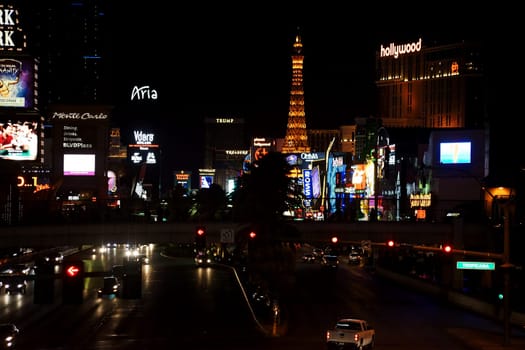 Las Vegas,United States - December 23,2015: Traffic on Las Vegas Boulevard and Strip with a collection of casinos and luxury hotels on the night of December 23,2015 in Las Vegas.