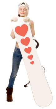 a beautiful sexy woman with a snowboard in studio