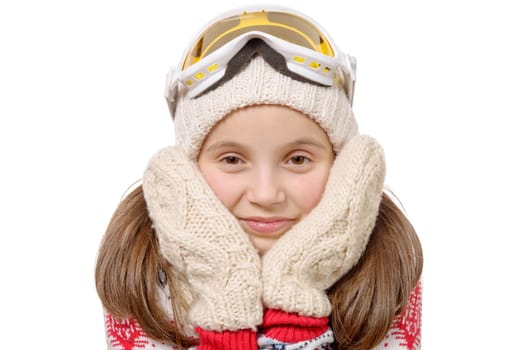 a portrait of a happy young girl snowboarding, isolated on white