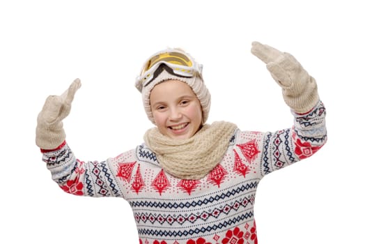 a portrait of a happy young girl snowboarding