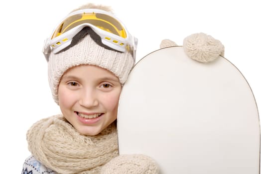 a pretty young girl with a snowboard in studio