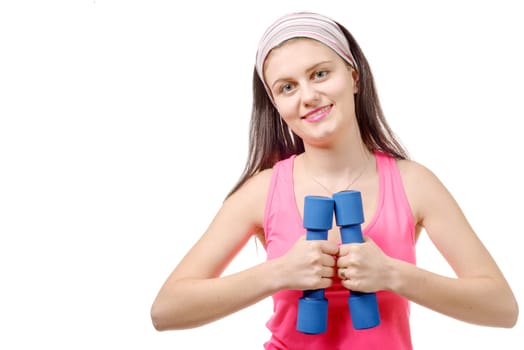 a portrait of pretty sporty girl holding weights, isolated on white