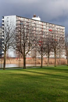 Apartment block in a green environment. Built in the seventies in Rotterdam Alexanderpolder