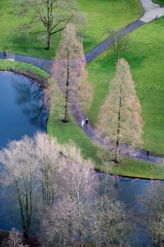 Aerial view of people having a walk in “Het Park” in Rotterdam on a sunny day in December. No manipulations. Just the normal corrections without changing the colors  or saturation