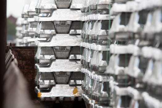 Close up of aluminum ingots on a cargo train