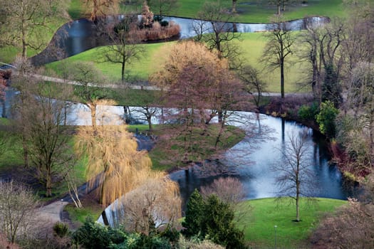 Aerial view of the Park in Rotterdam on a windy sunny day in December.