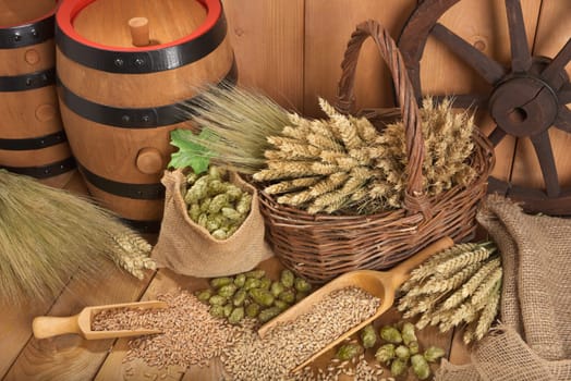 Two beer barrels with wheat,barley,hops and malt