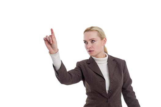 Businesswoman points to the left..