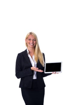 Happy woman with tablet in hand