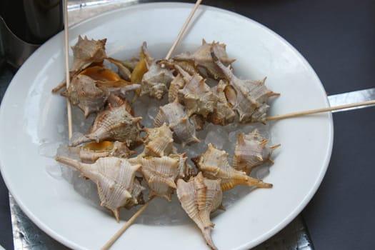 Fine seafood,snails and other delicious appetizers are on the table