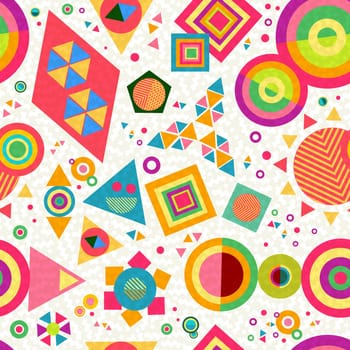Seamless pattern background with geometric shapes and abstract designs in colorful vibrant pop style. EPS10 vector.