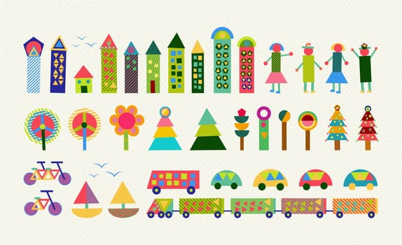 Set of happy colorful geometry city elements. Includes house, people, nature, environment and transport shapes. EPS10 vector.