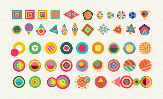 Geometry element shapes set, colorful fun abstract icons and symbols with vibrant pop style designs. EPS10 vector.