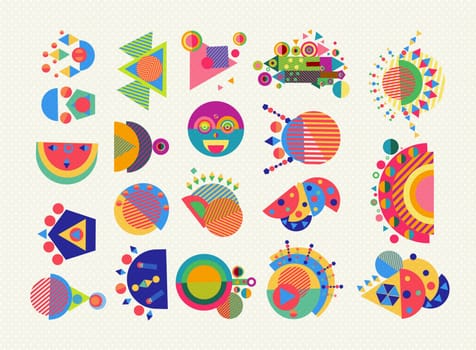 Set of geometry elements, abstract symbols and shapes in fun colorful style. EPS10 vector.