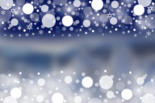 The winter blurred landscape and the white circles and snowlakes on a dark blue sky in the upper part of the picture. Blurred circles are at the bottom of the picture.