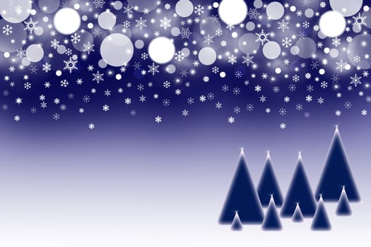 The white and blue blured balls and snowflakes on a dark blue background. Balls and snowflakes are placed on the top of the picture. The blue silhouettes of trees with lights on the top  are placed  in the bottom right of the picture.