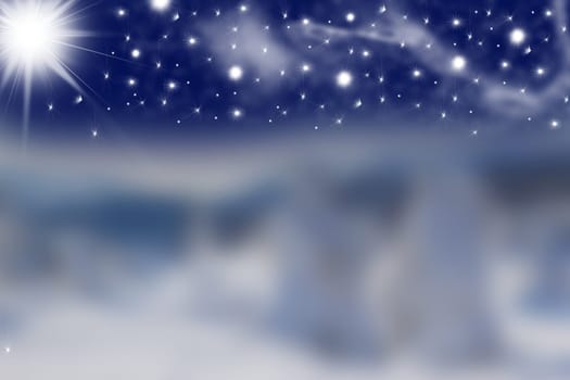 The winter blurred landscape and the white stars and lights on a dark blue sky in the upper part of the picture.