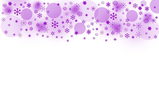 The purple blured balls and snowflakes on a white background. Balls and snowflakes are placed on the top of the picture.