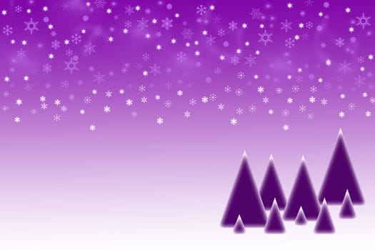 The purple blured balls and snowflakes on a purple background. Balls and snowflakes are placed on the top of the picture. Purple silhouettes of trees are placed  in the bottom right  of the picture.
