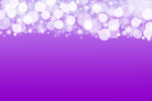 The white and purple blured balls and snowflakes on a purple background. Balls and snowflakes are placed on the top of the picture.