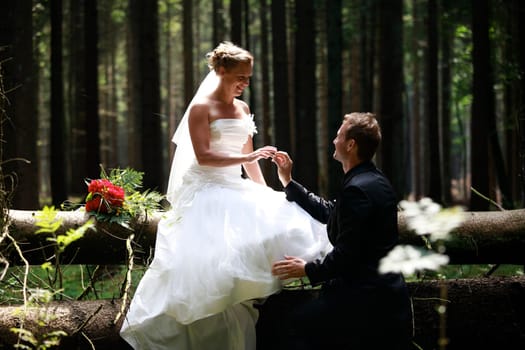 bride and groom shooting at the wedding in the forest