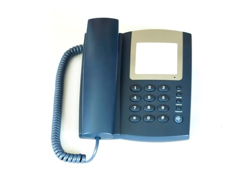 blue office telephone on a white  background