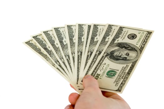 Money in hands isolated on white