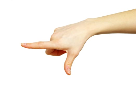 hand pointing with index finger against a white background