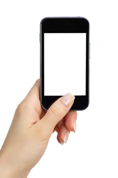 Hand holding mobile smart phone with blank screen