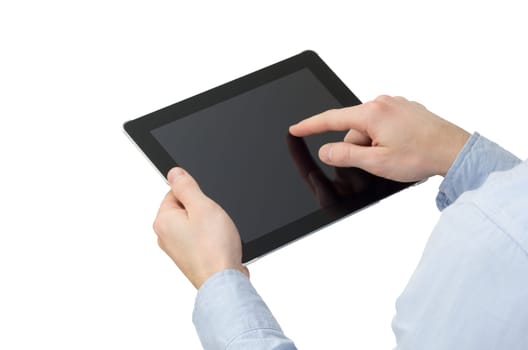 hands holding the tablet computer