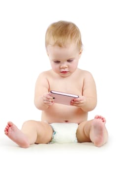 Baby with telephone isolated on white