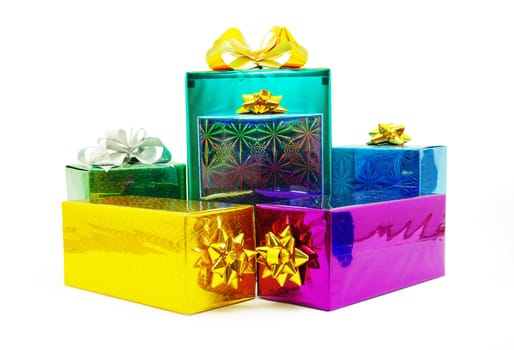 Christmas box gifts with satin bow isolated on white background