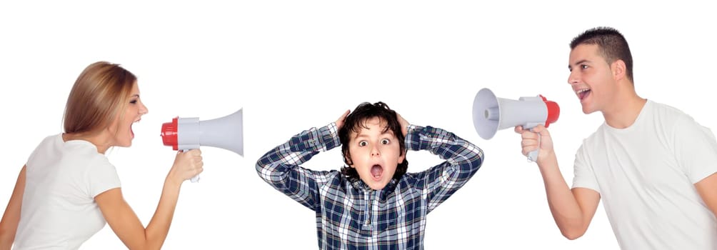 Frightened child due to parental orders deafening isolated on white